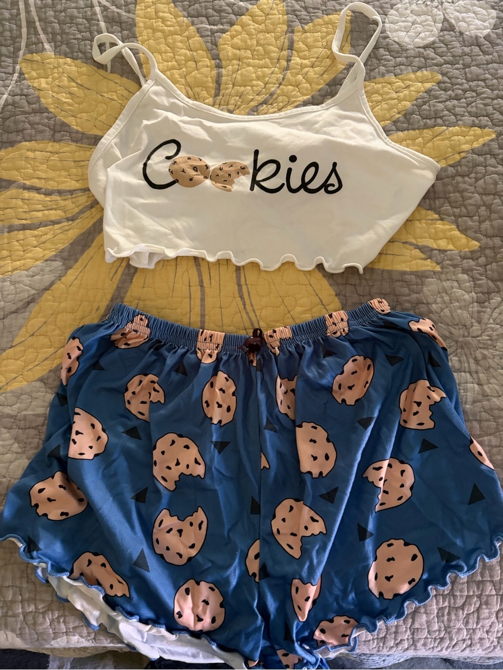 Blue Cookie-Print Lounge Shorts with White Crop Tank